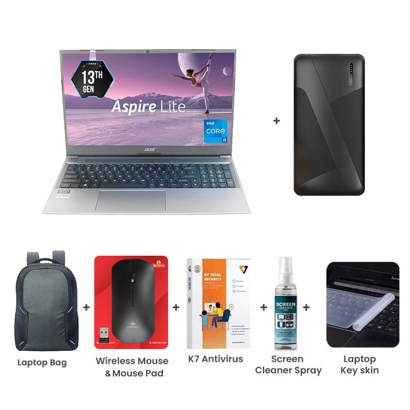 Picture of Acer Aspire Lite - 13th Gen Intel Core i3-1305U 15.6" (39.6 cm) AL15-53 Thin & Light Laptop (8GB/ 512GB SSD/ Full HD Display/ Intel UHD Graphics/ Windows 11 Home/ MS Office/ 1 Year Warranty/ Steel Gray/ 1.59Kg) with 10000mAh PowerBank + Laptop Bag + Wireless Mouse & Mouse Pad + K7 Antivirus Single User + Screen Cleaner Spray + Laptop Key Skin